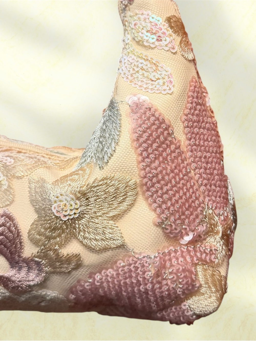 Embroidered Floral Sequin Shoulder Bag in Cream and Pink contrast butterfly - Picture 3 of 4